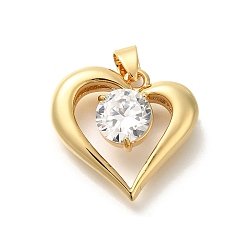 Настоящее золото 18K Покрытие стойки латунь с подвесками из фианита, долговечный, без свинца и без кадмия, сердце прелести, реальный 18 k позолоченный, 22.5x24.5x9 мм, отверстие : 5x4 мм