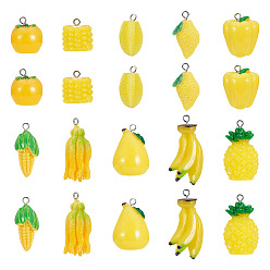Yellow 30Pcs 10 Styles Fruit/Vegatable Theme Opaque Resin Pendants, with Platinum Tone Loop, Mixed Shapes, Yellow, 16.5~34x12~20.5x11.5~19mm, Hole: 2~2.2mm, 3pcs/style
