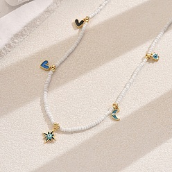 Разноцветный Ожерелье в стиле бохо с подвеской в виде звезды и сердца из латуни и стеклянных бусин для женщин, для отпуска и вечеринки, золотые, красочный, 21.85 дюйм (55.5 см)