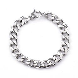 Stainless Steel Color Tarnish Resistant Men's 304 Stainless Steel Cuban Link Chain Bracelets, with Toggle Clasps, Stainless Steel Color, 7-5/8 inch(19.4cm)