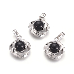 (946F)Морозный цвет внутри  Жонкиль / Непрозрачная зеленая подкладка Натуральный черный агат подвески, с латунной фурнитурой платинового цвета, цветок, окрашенная и подогревом, 24x19.4x9.8 мм, отверстие : 6x3.5 мм