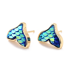 Светлый Морско-зеленый Серьга-гвоздик в виде рыбьего хвоста русалки, изящные латунные серьги с животными для девочек и женщин, золотые, светло-зеленый, 11x13 мм, штифты : 0.7 мм