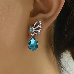 Серебро Элегантные серьги-гвоздики из сплава в форме бабочки и капли, со стразами, серебряные, 27x14 мм