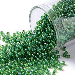 (947) Inside Color Lime Green/Opaque Green Lined TOHO Round Seed Beads, Japanese Seed Beads, (947) Inside Color Lime Green/Opaque Green Lined, 11/0, 2.2mm, Hole: 0.8mm, about 5555pcs/50g