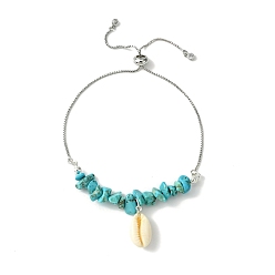 Synthetic Turquoise Natural Shell Charms Slider Bracelet, Synthetic Turquoise Chips Beaded Bracelet with Brass Chains, 12-5/8 inch(32cm)