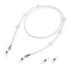 Clear Eyeglasses Chains, Neck Strap for Eyeglasses, with Glass Beads, 304 Stainless Steel Lobster Claw Clasps, Brass Beads and Rubber Loop Ends, Butterfly, Clear, 27.55 inch(70cm)