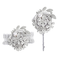 Серебро Бутоньерка из искусственного цветка из шелковой ткани, для мужчины или жениха, женихи, свадьба, партийные украшения, серебряные, 65x52x20 мм, внутренний диаметр: 46 мм, 108.5 мм, 2 шт / комплект