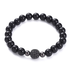 Gunmetal Stretch Bracelets, with Natural Black Agate(Dyed) Beads, Brass Cubic Zirconia Beads, Brass Spacer Beads and Elastic Crystal Thread, Gunmetal, 2-1/4 inch(5.58cm)