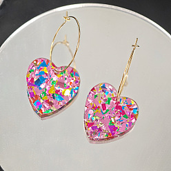 Pink Серьги-кольца из акрила и титанового сплава с блестками в форме сердца для женщин, розовые, 46x25 мм