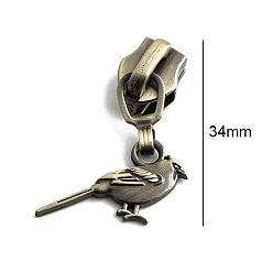 Brushed Antique Bronze Alloy Zipper Head with Bird Charms, Zipper Pull Replacement, Zipper Sliders for Purses Luggage Bags Suitcases, Brushed Antique Bronze, 3.4cm