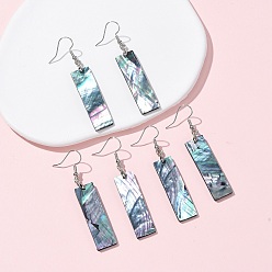 Rectangle Серьги-подвески из латунных раковин морских ушек, стойки покрытие, платина, прямоугольные, 60.5x11.5 мм