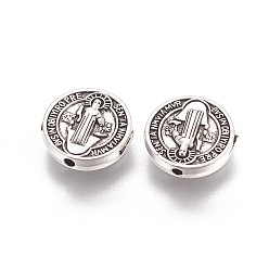 Antique Silver Tibetan Style Alloy Beads, Flat Round, Saint Benedict, with Word CssmlNdsmd, Antique Silver, 10x10.3x2.4mm, Hole: 1.2mm
