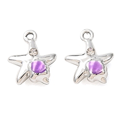 Purple Alloy Enamel Pendants, Starfish with Shell Shape Charms, with Crystal Rhinestone, Platinum, Purple, 13.5x11.5x5.5mm, Hole: 1.5mm