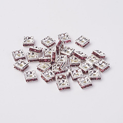 Light Amethyst Brass Rhinestone Spacer Beads, Grade A, Nickel Free, Silver Metal Color, Square, Light Amethyst, 6x6x3mm, Hole: 1mm