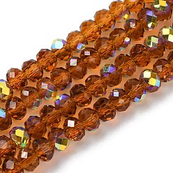 Сэнди Коричневый Гальванизируйте прозрачное стекло бисер нитей, рондель, с покрытием AB цвета, с половиным покрытием, граненые, песчаный коричневый, 4x3 мм, отверстие : 1 мм, около 145~148 шт / нитка, 17.83~18.31'' (45.3~46.5 см)