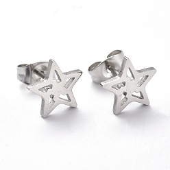 Stainless Steel Color Tarnish Resistant 304 Stainless Steel Stud Earrings, Hypoallergenic Earrings, Star, Stainless Steel Color, 9x9.5mm, Pin: 0.7mm, 12pairs/board