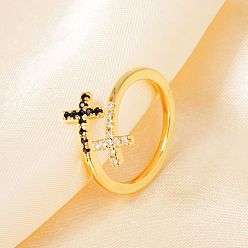 Черный Латунные микро проложить манжеты кольца кубического циркония, крестовые кольца для женщин, чёрные, размер США 12 3/4 (22 мм)
