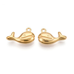  304 Stainless Steel Charms, Ion Plating(IP), Dolphin Charm, Real 18K Gold Plated, 8.5x14x3.5mm, Hole: 1.2mm