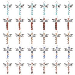 Античное Серебро 30 шт. 5 стили подвески из бусинок в виде стрекозы из натурального содалита, майфанита, розовой зебровой яшмы, красной яшмы и окрашенного магнезита, с крыльями из сплава в тибетском стиле и 304 петлями из нержавеющей стали, античное серебро, 31~33x22x5 мм, отверстие : 3 мм, 6 шт / стиль