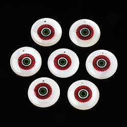 Medium Violet Red Printed Freshwater Shell Charms, with Enamel, Flat Round, Medium Violet Red, 17.5~18.5x2.5~3.5mm, Hole: 1.2mm