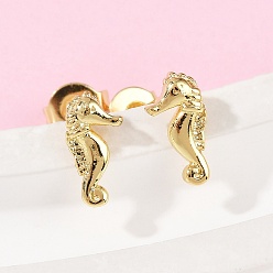 Настоящее золото 18K Латунь серьги, морской конек, реальный 18 k позолоченный, 9x5 мм