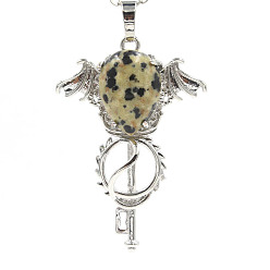 Dalmatian Jasper Natural Dalmatian Jasper Pendants, with Platinum Plated Brass Findings, Wing with Key Charms, 47x32x11mm