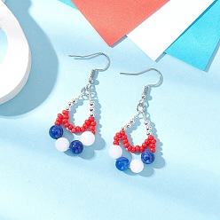 Красный 304 Серьги-капли из нержавеющей стали с подвесками, с натуральным белым нефритом и натуральным окрашенным желтым нефритом, стеклянными бусинами, окрашенными в масляные краски, и экологически чистой медной проволокой, платина, красные, 50x20 мм