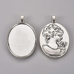 Античное Серебро Сеттинги для кабошонов или кулона, сплав, тибетский стиль , овальные с женщиной портрет на обратной стороне, без кадмия и без свинца, античное серебро, лоток : 40x29 мм, 51x32x6 мм, отверстие : 6x3 мм