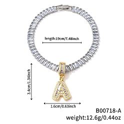 Letter A Модные латунные браслеты с подвесками из прозрачных кубических цирконий с микропаве, теннисные браслеты со стразами для женщин, буквы, буква a, 7-1/2 дюйм (19 см)