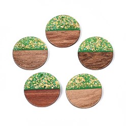 Зеленый лайм Подвески из непрозрачной смолы и орехового дерева, плоские круглые прелести, с блестящей пудрой и золотой фольгой, зеленый лайм, 28x3~4 мм, отверстие : 2 мм