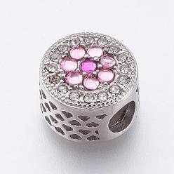 Розовый 304 из нержавеющей стали европейские шарики, бусины с большим отверстием, со стразами, колонна с цветком и сердцем, античное серебро, светло-розовый, 12x8 мм, отверстие : 4 мм