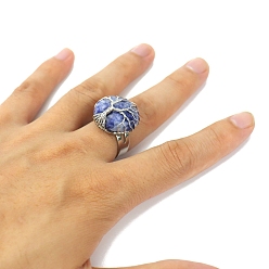 Sodalite Metal Wire Wrapped Natural Sodalite Open Cuff Rings, Flat Round with Tree of Life Ring for Men , Adjustable 