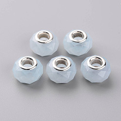 Светло-голубой Cmолы европейские шарики, бусины с большим отверстием, с двойных ядер серебрянного цвета, граненые, рондель, светло-голубой, 14x9 мм, отверстие : 5 мм