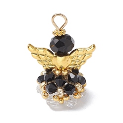 Черный Стеклянные подвески, угол, с бусинами-крылышками из сплава и железной петлей, граненые, чёрные, 30x21.5x16 мм, отверстие : 2.2~3.6 мм