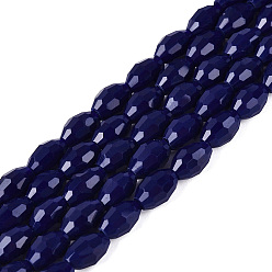 Dark Blue Opaque Solid Color Glass Beads Strands, Rice, Faceted, Dark Blue, 8~9x5~6mm, Hole: 0.9~1mm, about 67~68pcs/strand, 22.83~23.62 inch(58~60cm)