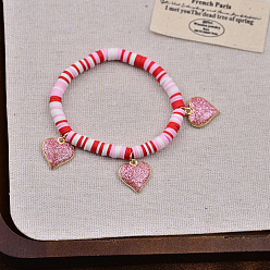 Разноцветный Браслеты с подвесками из цинкового сплава с эмалью ко Дню святого Валентина, Браслеты из полимерной глины, бусины хейши, эластичные для женщин, сердце, красочный, внутренний диаметр: 2.72 дюйм (6.9 см)