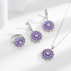 Лиловый Комплект украшений из цветочной латуни с микропаве из кубических цирконий, серьги, ожерелья и кольца, сирень, 450 мм