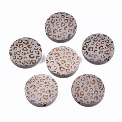 Light Grey Painted Natural Wood Beads, Laser Engraved Pattern, Flat Round with Leopard Print, Light Grey, 20x5mm, Hole: 1.5mm
