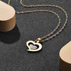 Настоящее золото 18K 304 ожерелья из нержавеющей стали с подвеской в виде сердца и кристаллами из горного хрусталя для женщин, реальный 18 k позолоченный, 17.72 дюйм (45 см), подвеска: 15x16.5 мм.