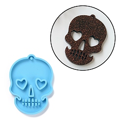 Sky Blue DIY Skull with Heart Pendant Silicone Statue Molds, Resin Casting Molds, For UV Resin, Epoxy Resin Jewelry Making, Halloween Theme, Sky Blue, 77x56x6mm, Hole: 3mm