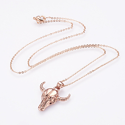 Real Rose Gold Plated Brass Pendant Necklaces, with Brass Cable Chains, Real Rose Gold Plated, Ox-Head, 17.7 inch(45cm)