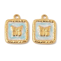 Настоящее золото 18K 304 нержавеющей стальной эмали подвески, квадрат с подвесками в виде бабочек, ионное покрытие (ip), реальный 18 k позолоченный, 19.5x15x2.5 мм, отверстие : 2 мм