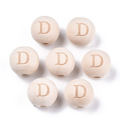 Letter D Unfinished Natural Wood European Beads, Large Hole Beads, Laser Engraved Pattern, Round with Word, Letter.D, 15~16x14~15mm, Hole: 4mm