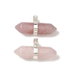 Розовый Кварц Двойные заостренные подвески из натурального розового кварца, граненые брелоки в форме пули с латунными застежками на дужках, стойки покрытие, серебряные, 12.5x32~32.5x9.5 мм, отверстие : 6x4.5 мм