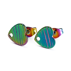 Rainbow Color Ионное покрытие (ip) 304 детали серьги-гвоздики из нержавеющей стали, с ушными гайками / серьгами и отверстием, текстурированная форма сердца с поперечным зерном, Радуга цветов, 8.4x9x1 мм, штифты : 0.8 мм