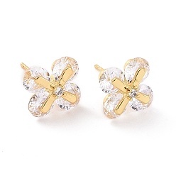 Real 18K Gold Plated Clear Cubic Zirconia Flower Stud Earrings, Brass Jewelry for Women, Real 18K Gold Plated, 12.5x12mm, Pin: 0.6mm