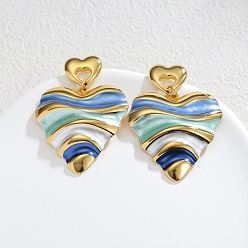 Настоящее золото 18K Женские 304 серьги-гвоздики из нержавеющей стали, болтаются серьги, сердце, красочный, реальный 18 k позолоченный, 50x38 мм