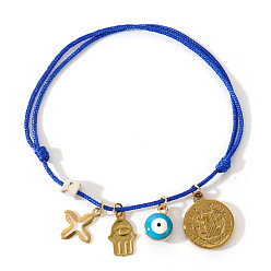 Синий 304 Браслеты с подвесками из нержавеющей стали и смолы, плетеные браслеты из нейлонового шнура для женщин, Хамса в виде руки, сглаз, крест и плоский круглый символ со святым Бенедиктом., синие, 11.02 дюйм (28 см)