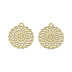 Золотистый Полые подвески из нержавеющей стали, окрашенные аэрозольной краской., круглые подвески с цветочным рисунком, золотые, 430 мм, отверстие : 14.5x13x0.3 мм
