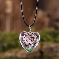 Бледно-Розовый Подвеска в форме сердца из стекла с сушеным цветком и деревом внутри, ожерелья из черного вощеного шнура, розовый жемчуг, 17.32 дюйм (44 см)